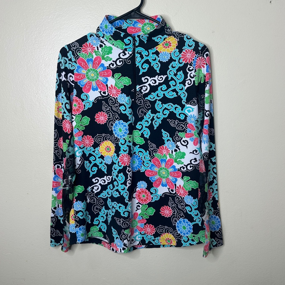 IBKUL Gia Pullover Polo Long Sleeve Sun Shirt Black Floral Mesh Trim UPF 50+ M